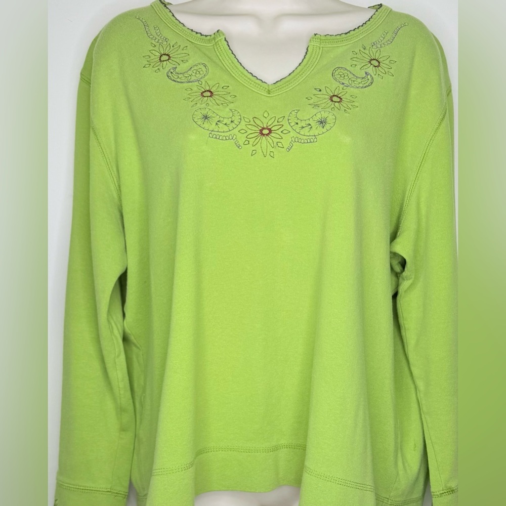 VTG Paul Harris Design Women’s Fleece Top Shirt  L Floral Print V-Neck Long Slvs